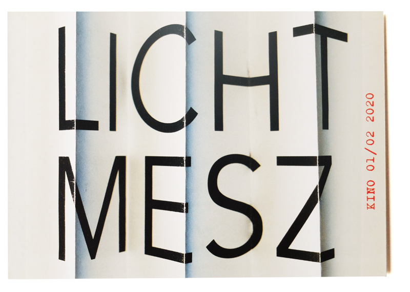 Das Wort 'LICHTMESZ' in klarer, schwarzer Typografie auf gefaltetem Papier. Am Rand steht in Rot 'KINO 01/02 2020'.