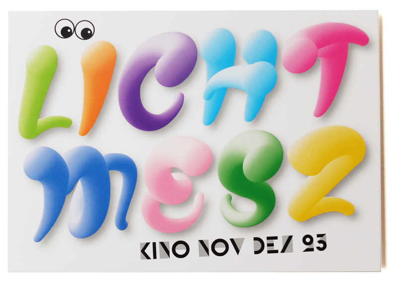 Schriftzug 'Lichtmesz' in plastisch wirkenden Buchstaben in verschiedenen Farben (grün, orange, lila, blau, magenta und gelb), ergänzt durch comicartige Augen über dem 'L'; unten der Text 'Kino Nov Dez 23' in schwarzer, moderner Schrift auf weißem Hintergrund.